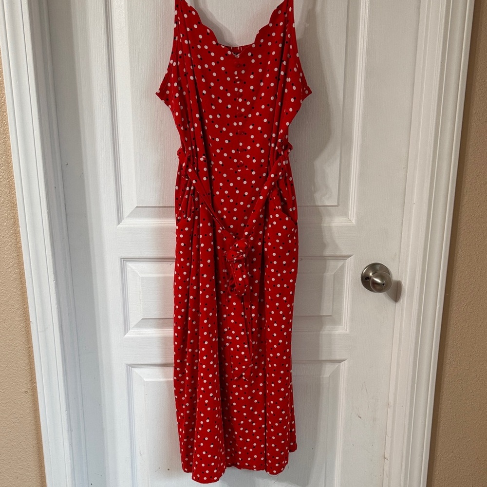 41 Hawthorn Red Midi Dress with White & black Dots